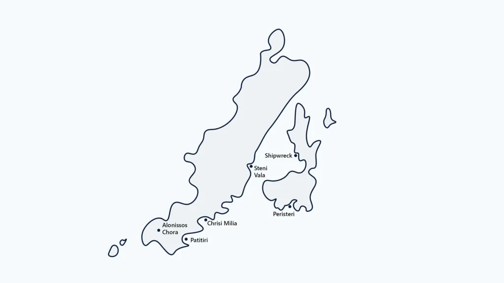 Map of Alonissos showing Patitiri and nearby anchor areas
