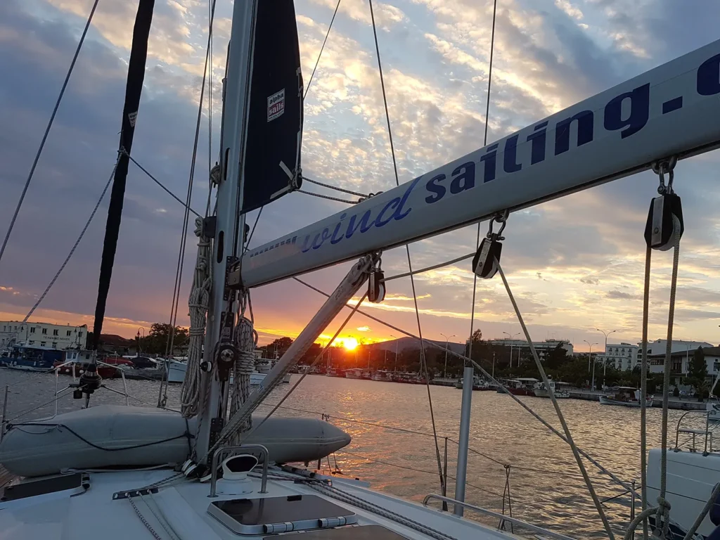 Kyknos Bavaria 50 sailing yacht at sunset in Volos marina