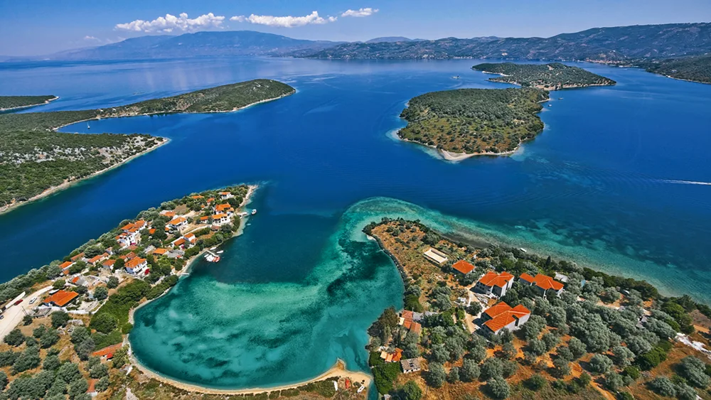 Aerial view of the Pagasetic Gulf and Pelion coastline near Volos, Greece.