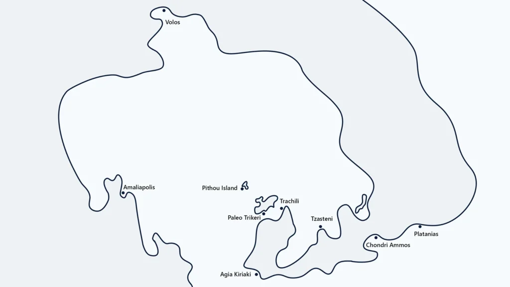 Map of Pagasetic Gulf showing key stops and harbors