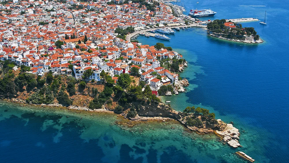 Skiathos Port and town viewed from above – popular destination for sailing.
