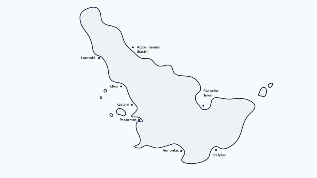 Map of Skopelos showing main stops and highlights