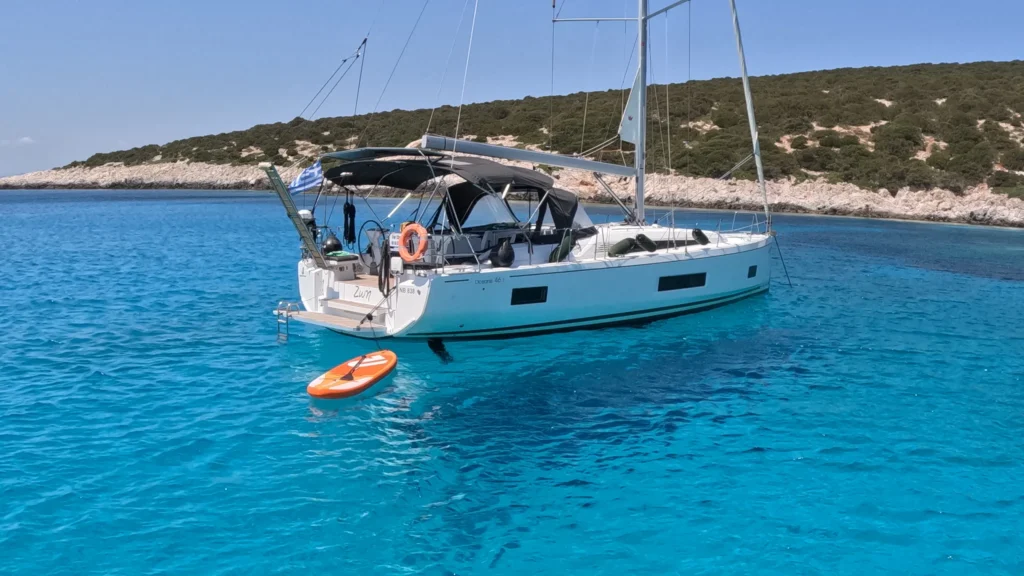 Zoe luxury sailing yacht anchored in the turquoise waters of the Sporades, Greece