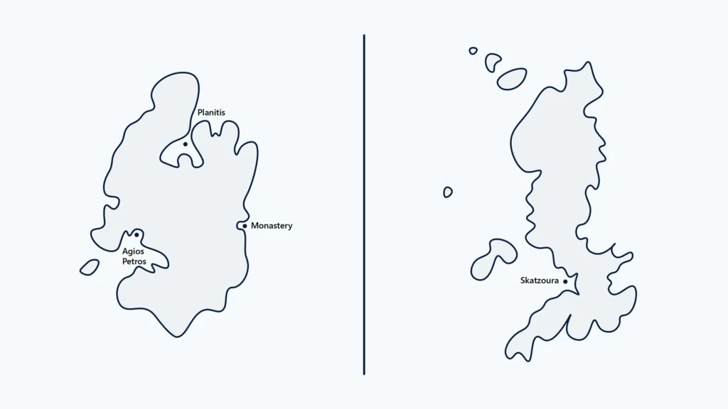 Map of Kyra Panagia and Skatzoura showing key bays and the monastery